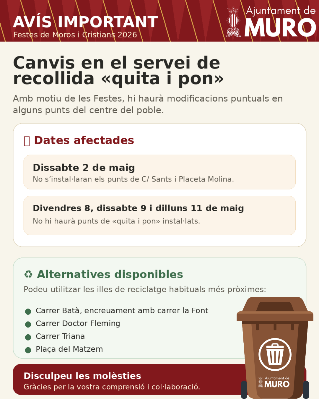 Cambio en el servicio de "quita i pon" por fiestas