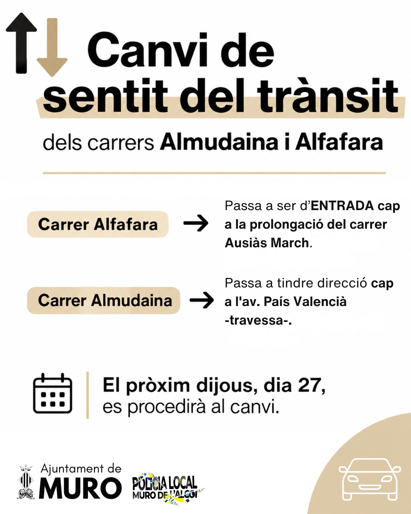 CANVI DE SENTIT DEL TRÀNSIT: CARRER ALFAFARA I ALMUDAINA
